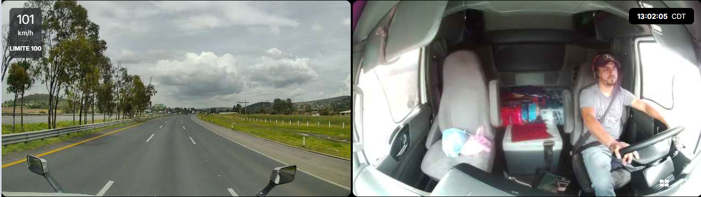 Captura del sistema de cámaras de una unidad de Bega: vista de la carretera a la izquierda y del operador en cabina a la derecha